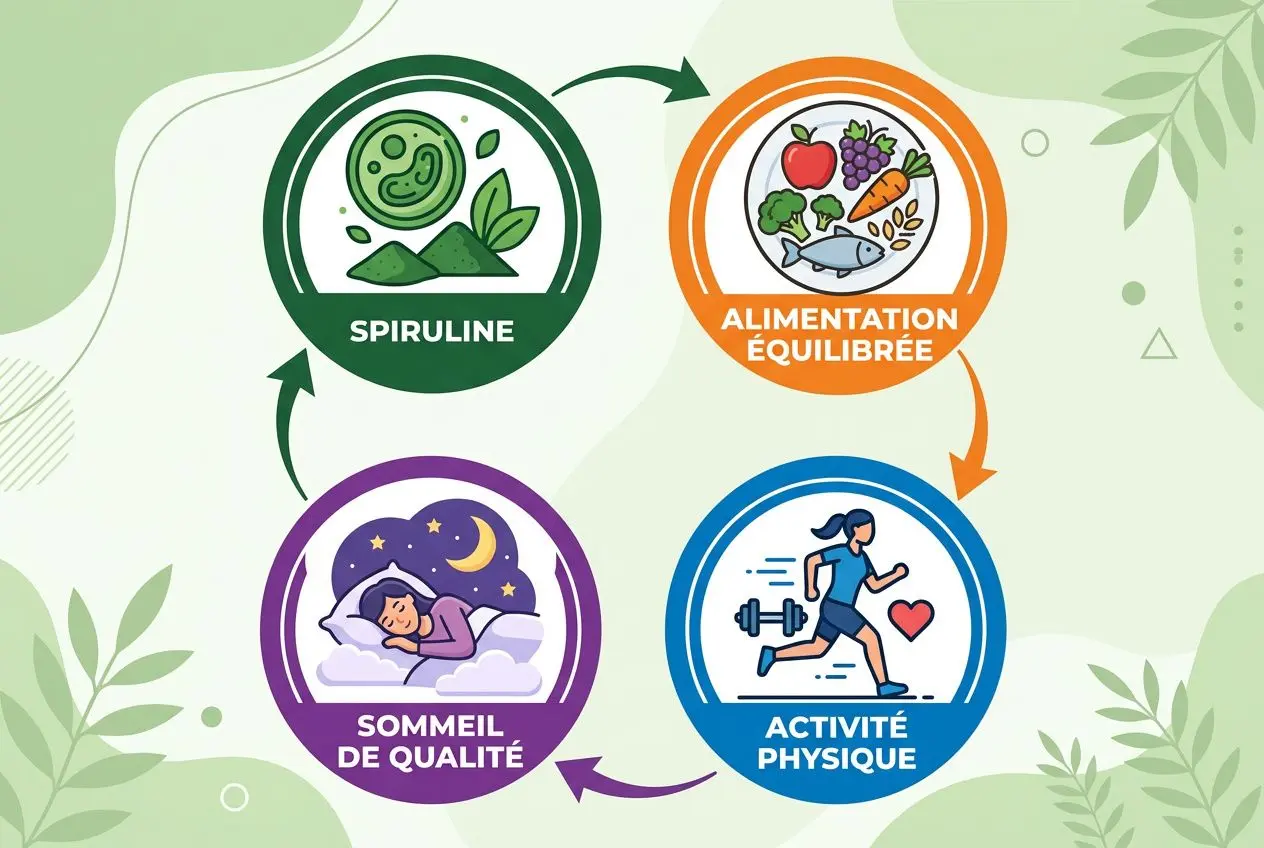 Cycle vert de bien-être: spiruline, alimentation équilibrée, activité physique et sommeil de qualité (progrès vers maigrir).