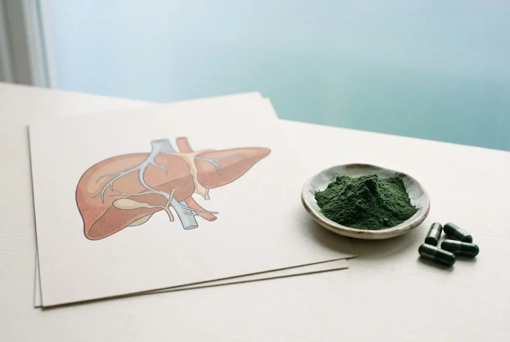 Diagramme du foie et poudre spiruline en poudre > vérification du spiruline danger foie, avec capsules à côté.