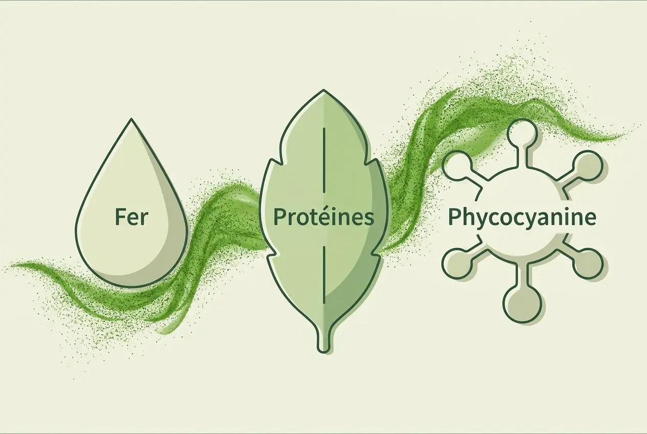 Illustration montrant les éléments spiruline: goutte d’eau avec "Fer", feuille "Protéines" au centre et molécule "Phycocyanine" à droite, symbole de spiruline au design vert. en de spiruline par jour pour un sportif