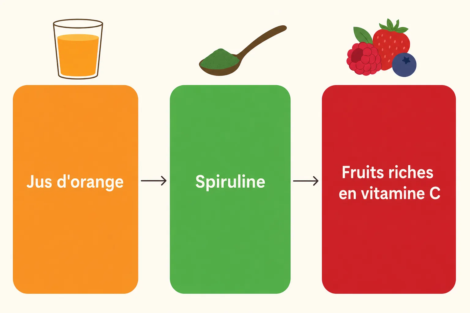Jus d'orange, spiruline et fruits riches en vitamine C présentés sous forme de schéma d’absorption à étapes.