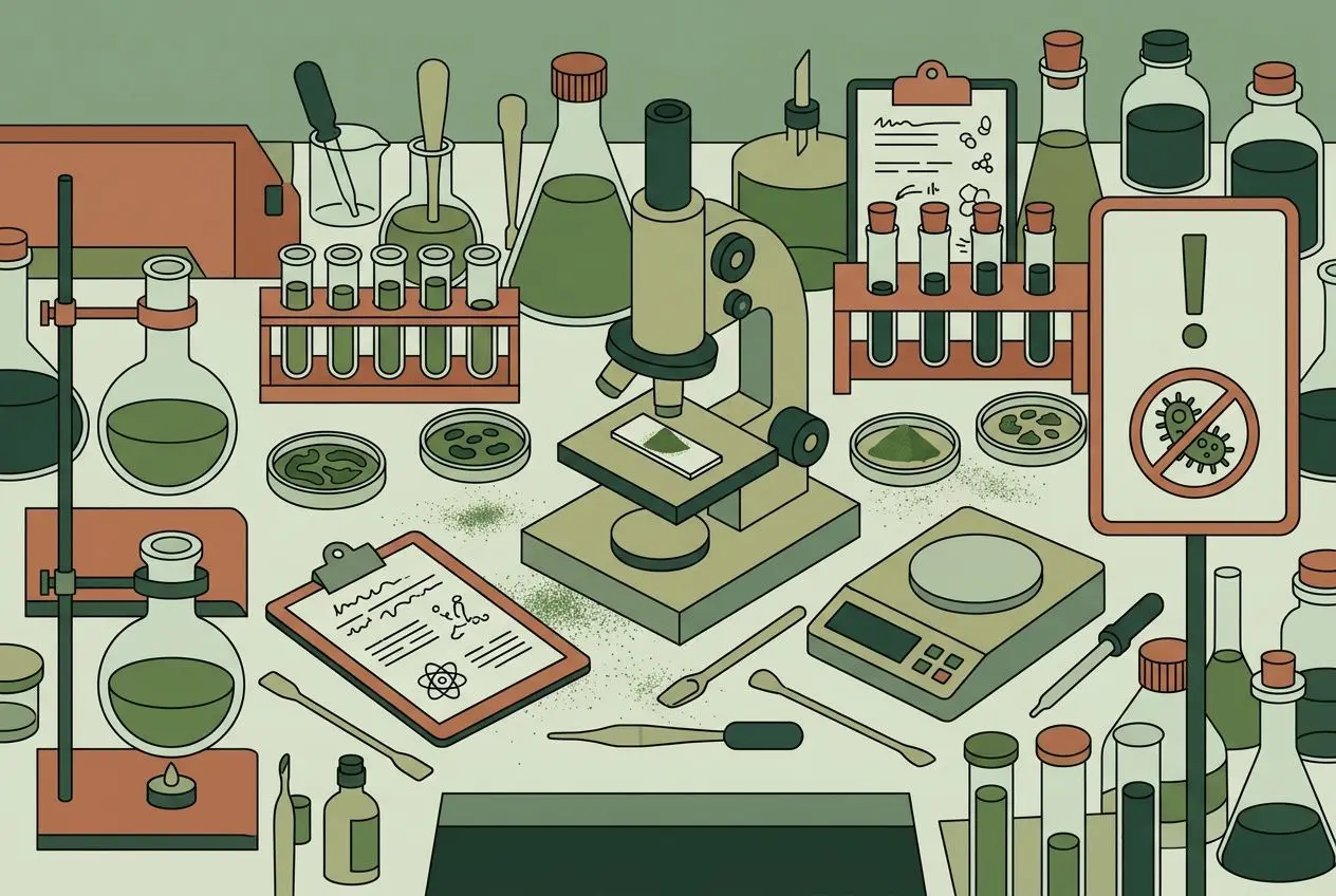 Laboratoire avec microscopes et fioles: étude et tests sur des substances, affiches et équipements, symboles de danger. spiruline et insuffisance rénale