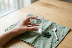 Main sujet naturel: "effets secondaires spiruline quotidienne" sur fond d’un verre d’eau tenu par une main près de comprimés vert foncé et d’une cuillère en bois sur une serviette verte.