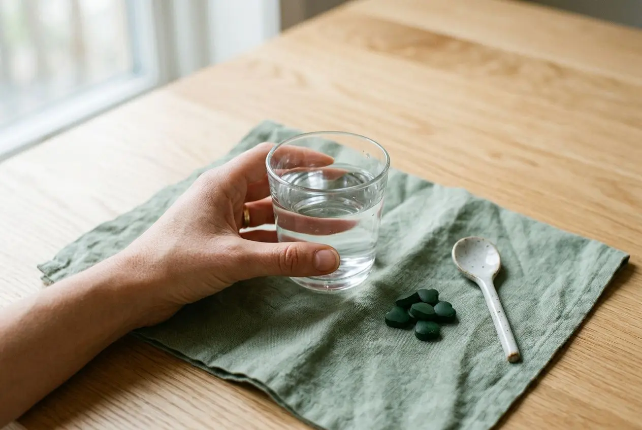 Main sujet naturel: "effets secondaires spiruline quotidienne" sur fond d’un verre d’eau tenu par une main près de comprimés vert foncé et d’une cuillère en bois sur une serviette verte.