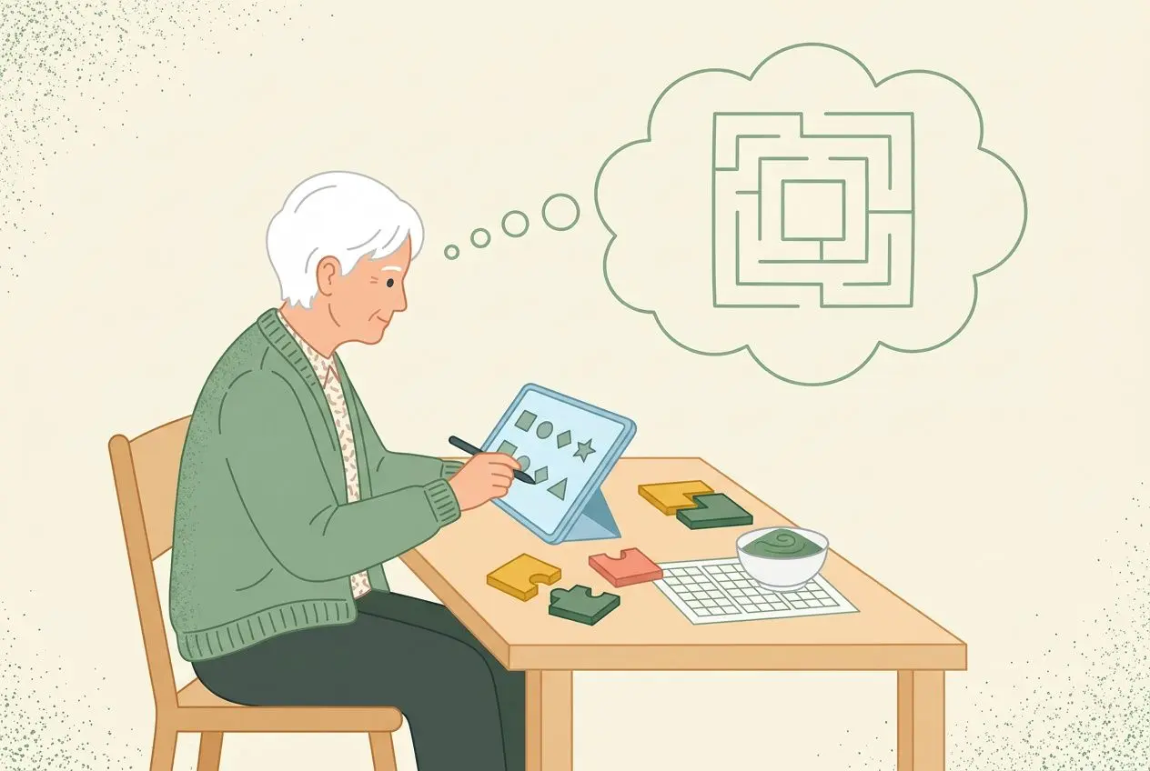 Personne âgée dessinant sur une tablette à côté d'un clavier et d'épingles colorées, pensant à des formes géométriques. spiruline et cerveau est évoqué.
