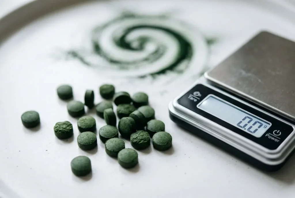 Petites comprimés vert foncé près d’une balance électronique, illustration de la posologie spiruline par jour et dosage.