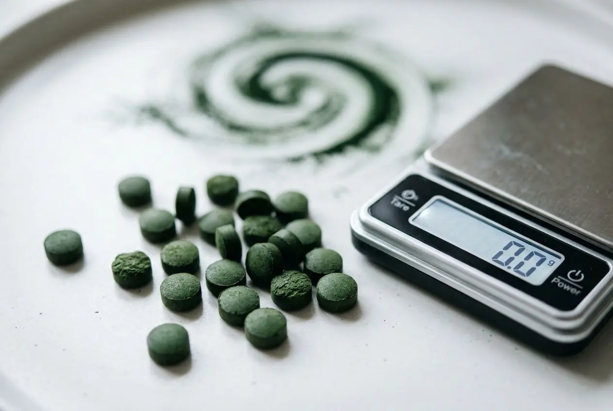Petites comprimés vert foncé près d’une balance électronique, illustration de la posologie spiruline par jour et dosage.