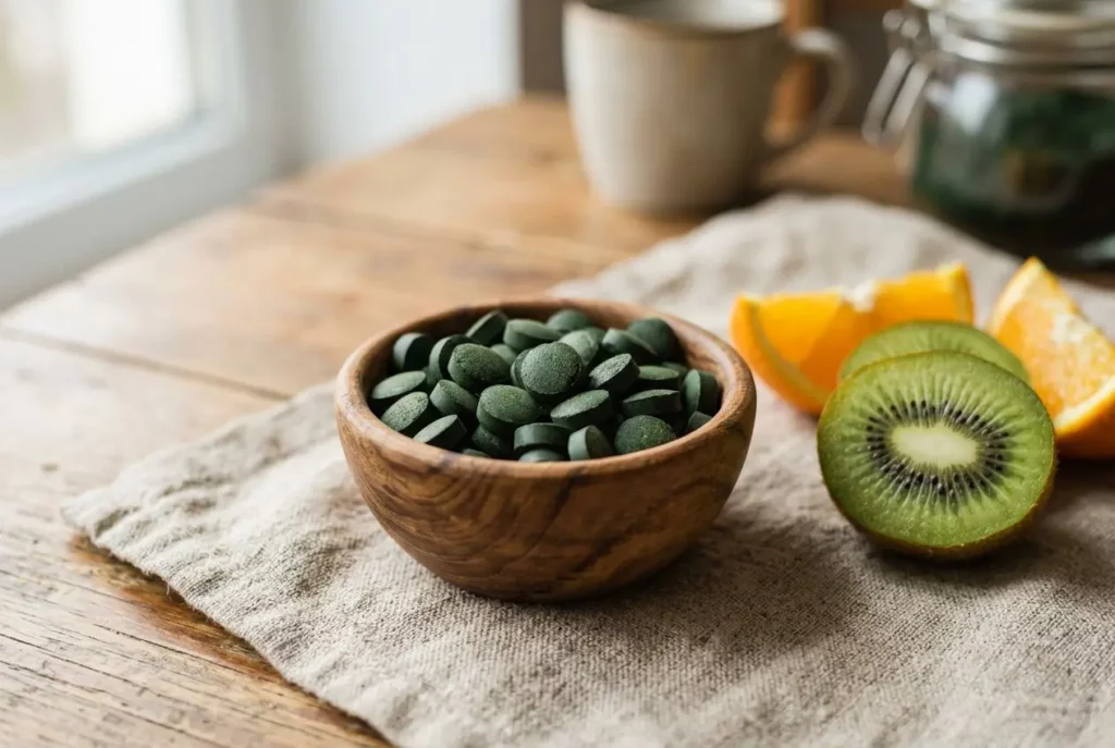 Petits comprimés verts dans un bol en bois, fruits kiwi et orange coupés à côté, sur une nappe beige. Pourquoi prendre de la spiruline.