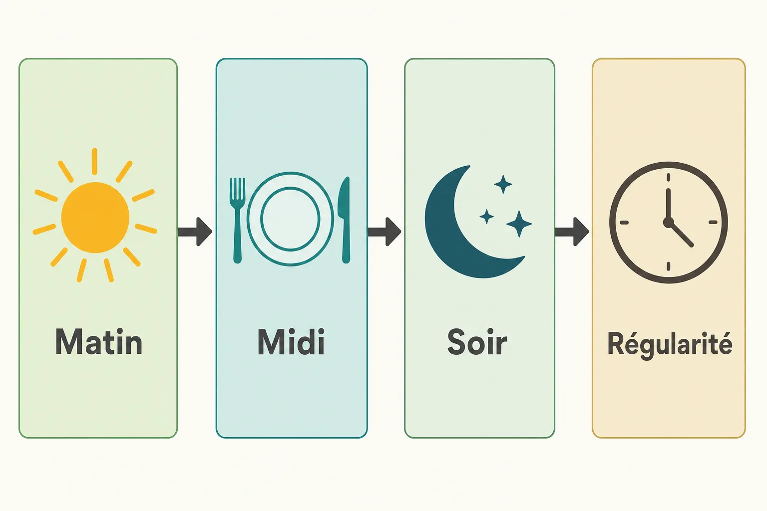 Peut-on prendre la spiruline le soir ? Schéma montrant matin, midi, soir et régularité pour une cure adaptée.