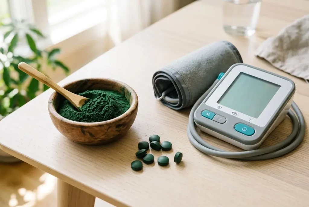 Poudre d’algues vertes en bol et gélules, tensiomètre posé sur table, suggérant spiruline et hypertension