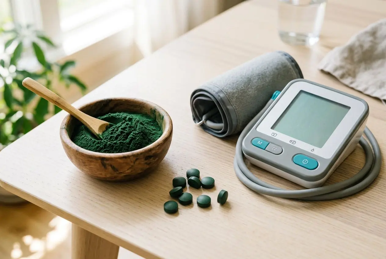 Poudre d’algues vertes en bol et gélules, tensiomètre posé sur table, suggérant spiruline et hypertension
