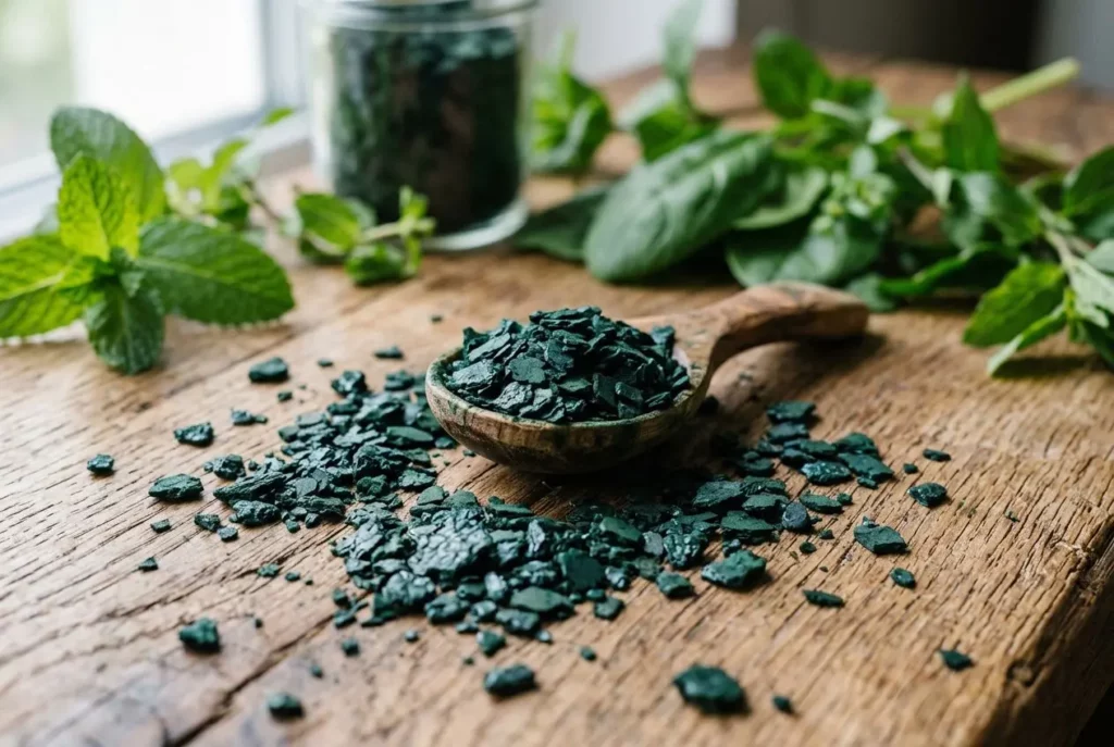 Poudre ou paillettes de spiruline vertes dans une cuillère en bois sur une table, entourée de feuilles d’herbes fraîches. Comment consommer la spiruline en paillettes.
