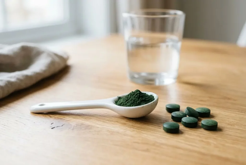 Poudre spiruline en poudre verte dans une cuillère blanche avec quelques comprimés verts à côté et un verre d’eau en arrière-plan, peut-on prendre la spiruline le soir.