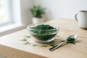 Poudre de spiruline verte en poudre dans un petit bol transparent sur une table en bois, avec une cuillère et des résidus vertes autour. texte: spiruline et cerveau.