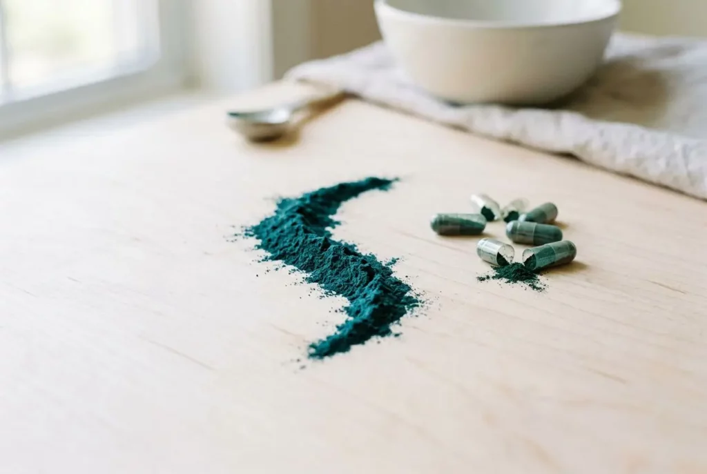 Poudre verte spiruline en poudre et capsules, symbole des efforts pour soulager douleurs articulaires grâce à la spiruline et douleurs articulaires.