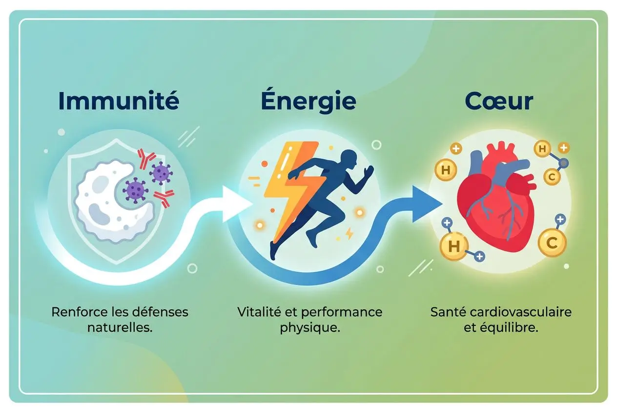 Pourquoi prendre de la spiruline: illustration des bienfaits sur Immunité, Énergie et Cœur avec messages sur défense naturelle, vitalité et équilibre cardio-vasculaire