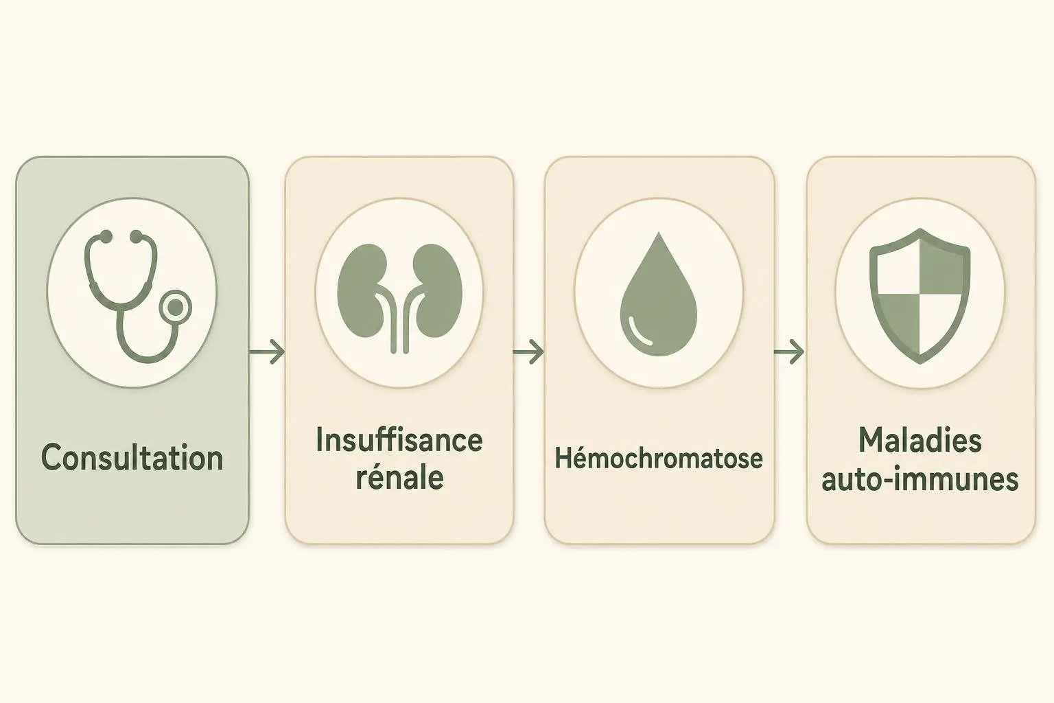 Processus montrant les risques potentiels: consultation → insuffisance rénale → hémochromatose → maladies auto-immunes liés à la spiruline quotidienne.