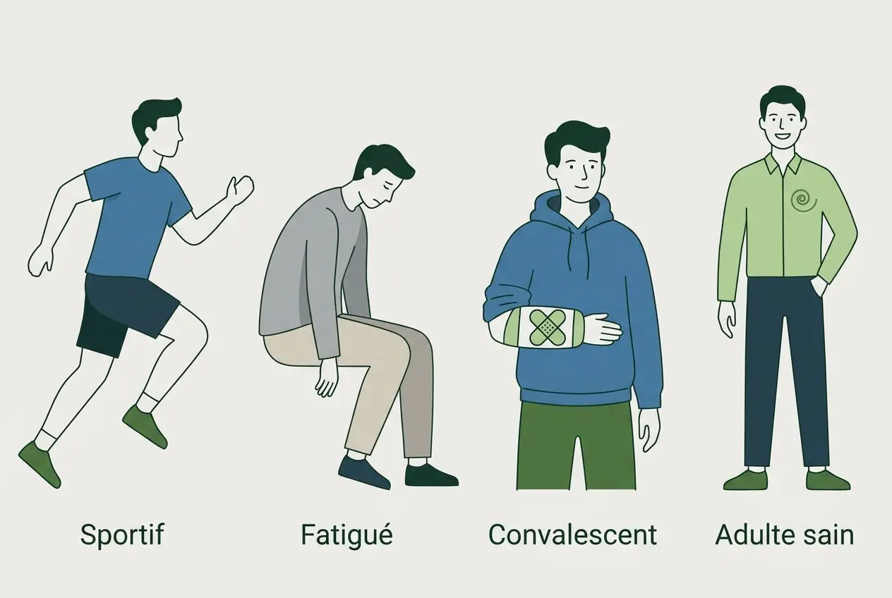 Quatre personnages illustrés : sportif athlétique, homme fatigué assis, personne avec une attelle au bras, adulte en bonne santé debout. Le tout lié à une question sur la posologie des comprimés de spiruline par jour. en de comprimés de spiruline par jour