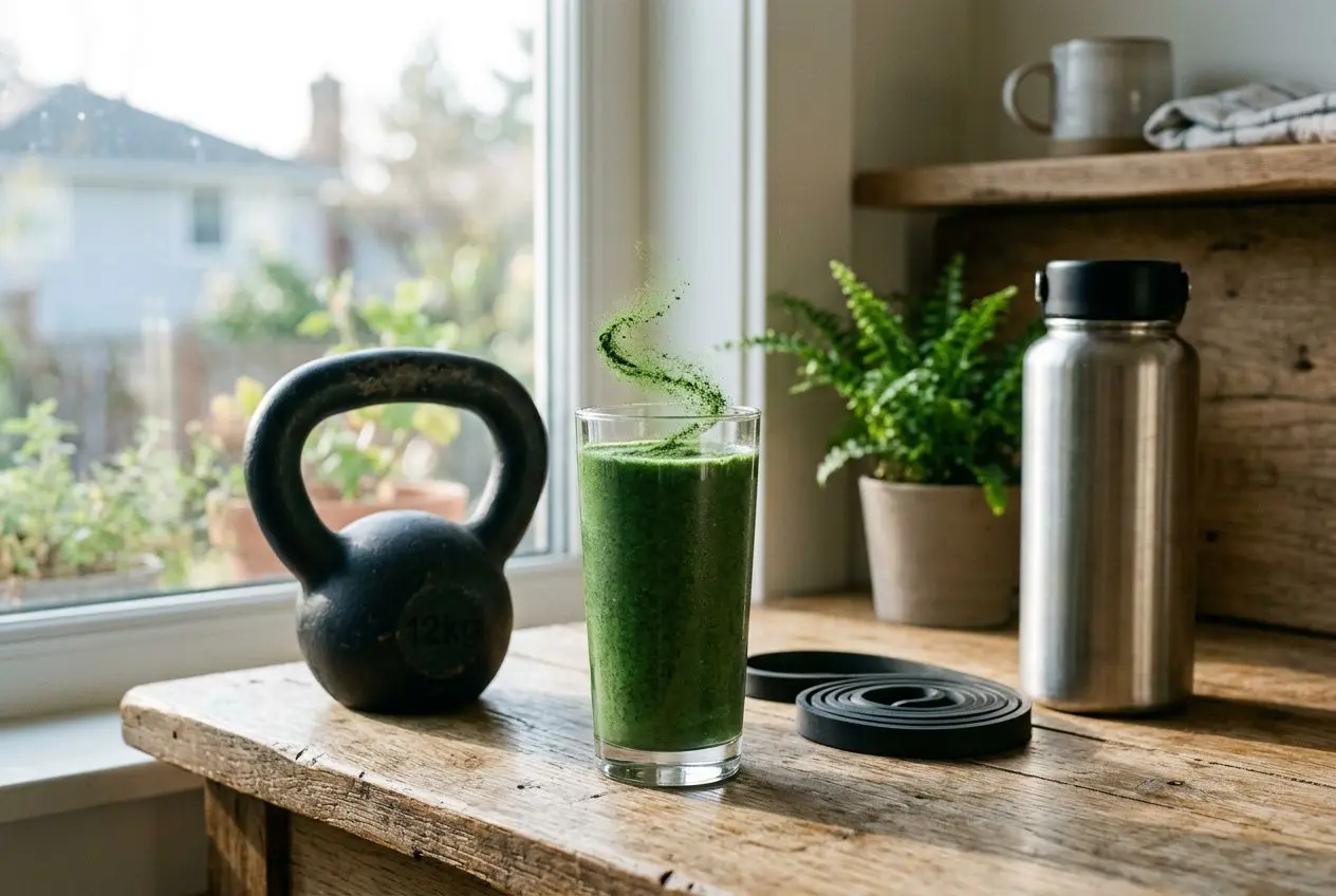 Smoothie vert à base de spiruline près d’un kettlebell et d’un shaker, posé sur un plan en bois près d’une fenêtre. en de spiruline par jour pour un sportif