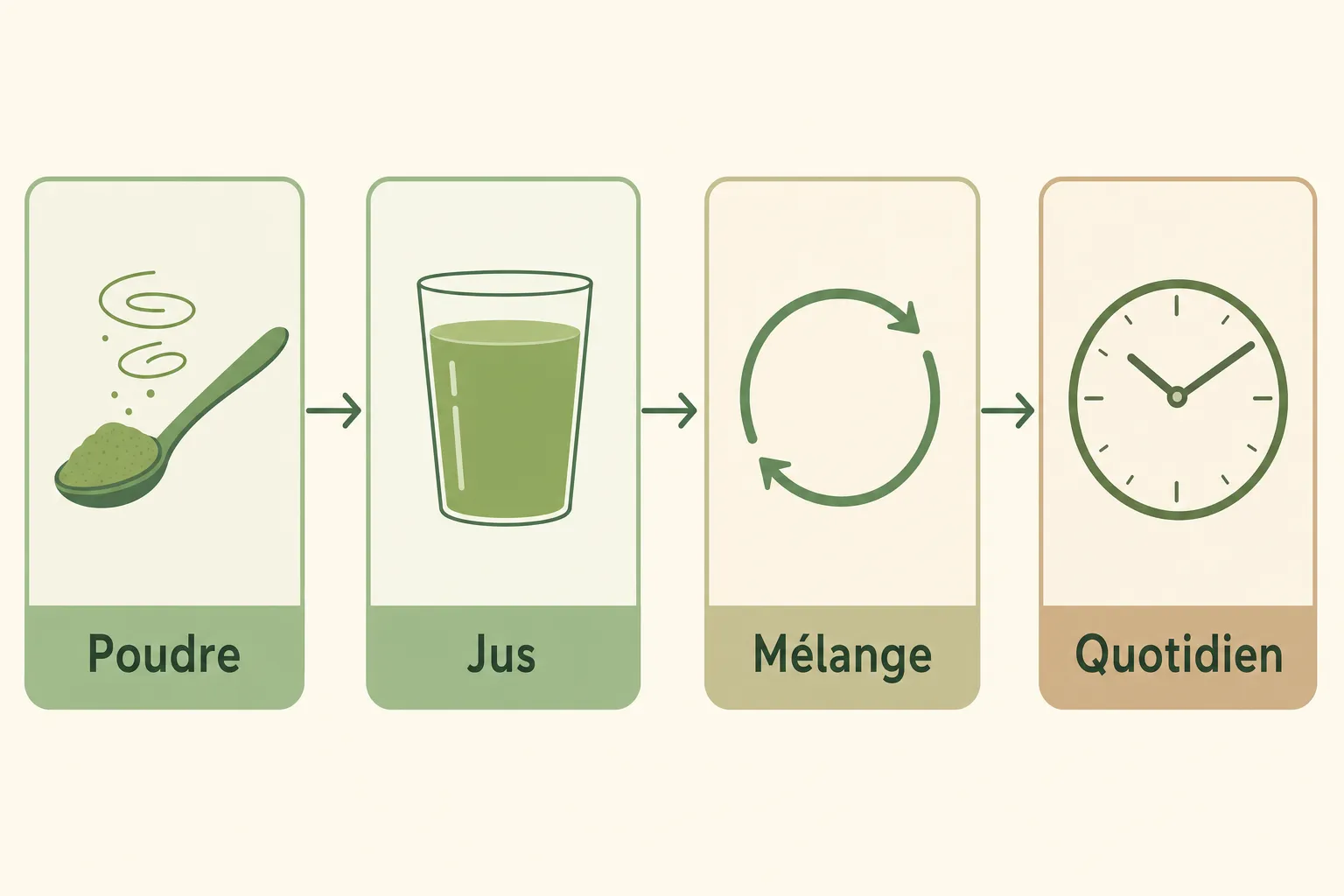 Spiruline et douleurs articulaires: diagramme montrant poudre puis jus, mélange et consommation quotidienne en quatre étapes.