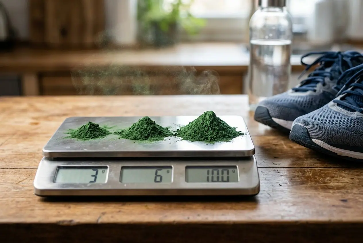 En de spiruline par jour pour un sportif, piles de poudre verte sur balance avec chaussures de sport à côté.
