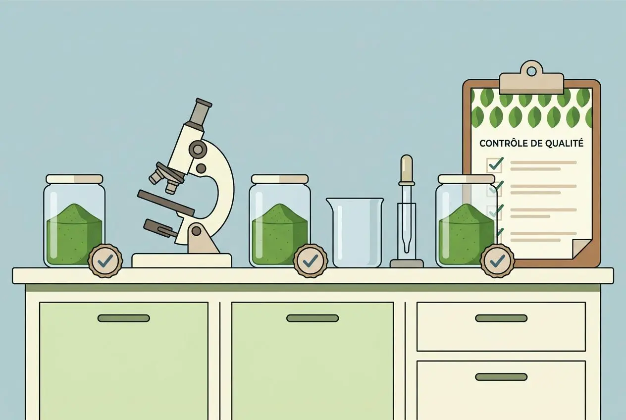 Table de laboratoire avec fioles de spiruline verte, microscope et carnet de contrôle de qualité sur fond bleu. Altération possible: spiruline et douleurs articulaires.