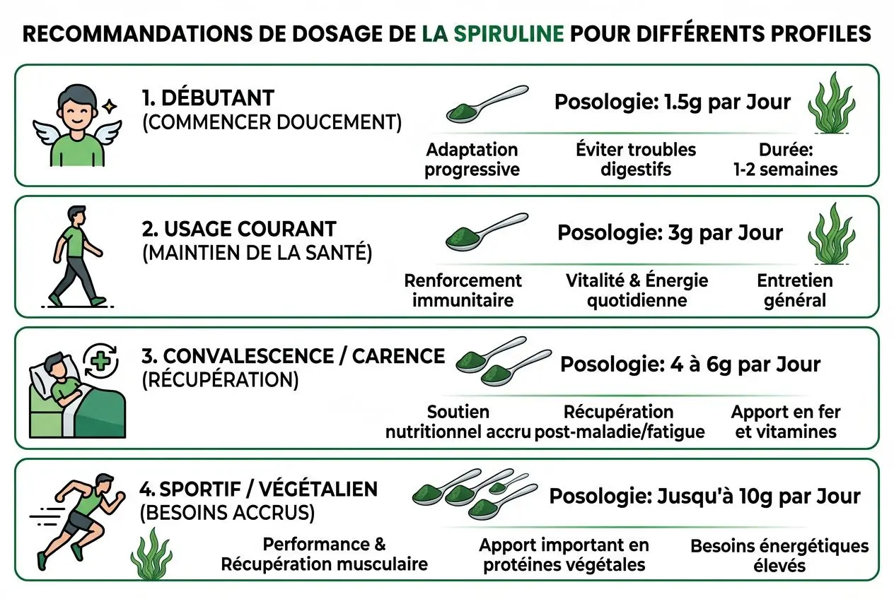 Tableau des dosages recommandés de spiruline en paillettes par profil: Débutant, Utilisation courante, Convalescence, Sportif, avec posologies et bénéfices.