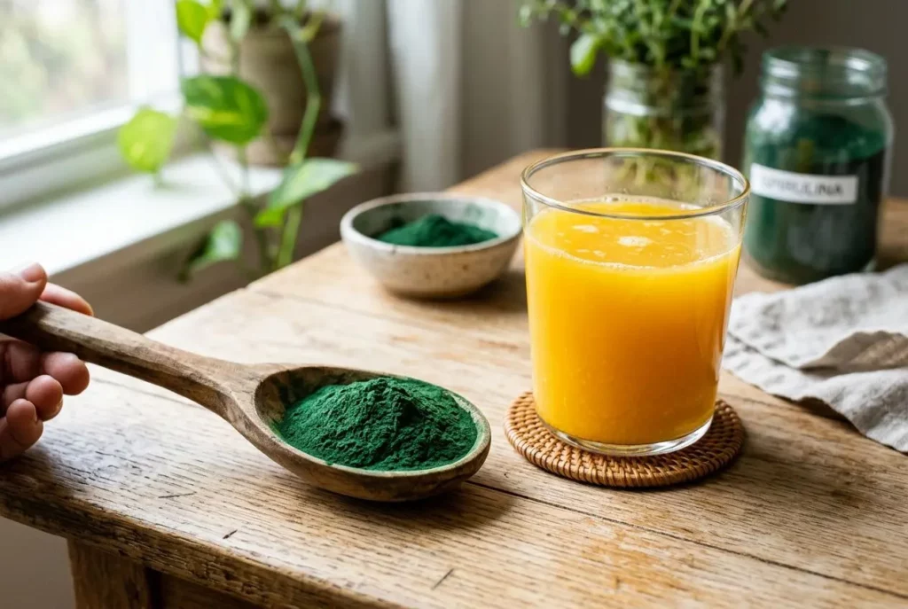 Verre orange fraîchement préparé à côté d’une cuillère en bois remplie de spiruline en poudre verte; ambiance cuisine lumineuse. Comment prendre spiruline pour maigrir, posologie et conseils.