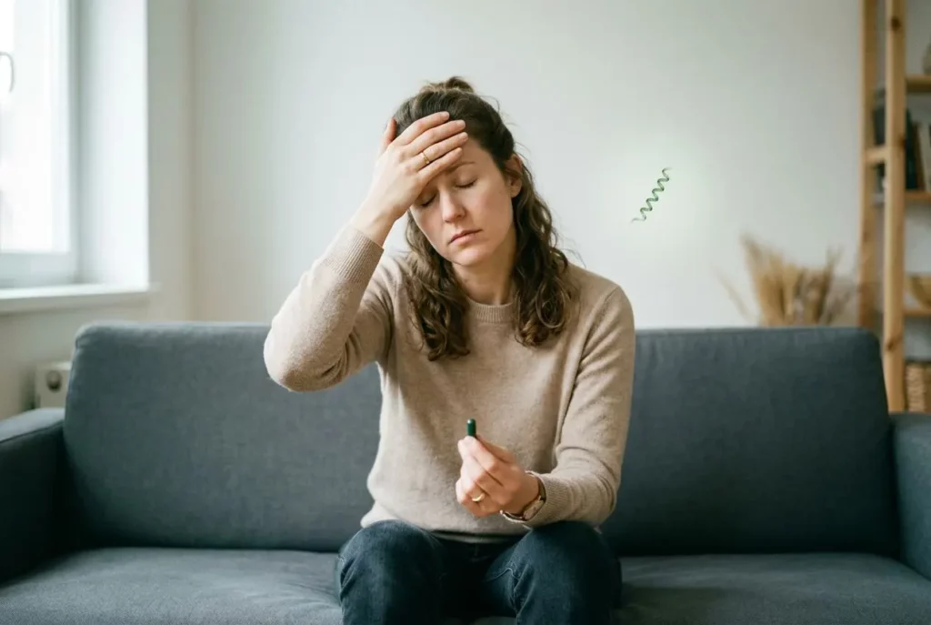 Femme sur canapé, visage exprimant malaise et douleur après avoir pris un complément; elle se tient la tête et tient un flacon, suggérant des vertiges liés à une consommation de spiruline vertige.