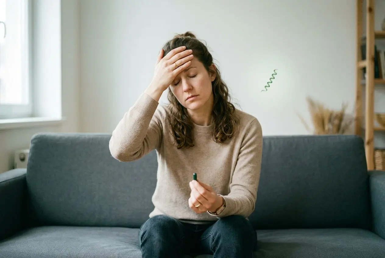 Femme sur canapé, visage exprimant malaise et douleur après avoir pris un complément; elle se tient la tête et tient un flacon, suggérant des vertiges liés à une consommation de spiruline vertige.