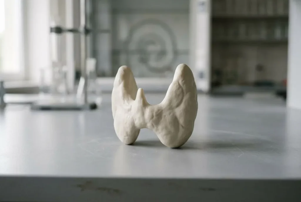 Petit modèle en céramique sur une table de laboratoire, silhouettes rappelant une glande thyroïde. Spiruline effets secondaires thyroïde.