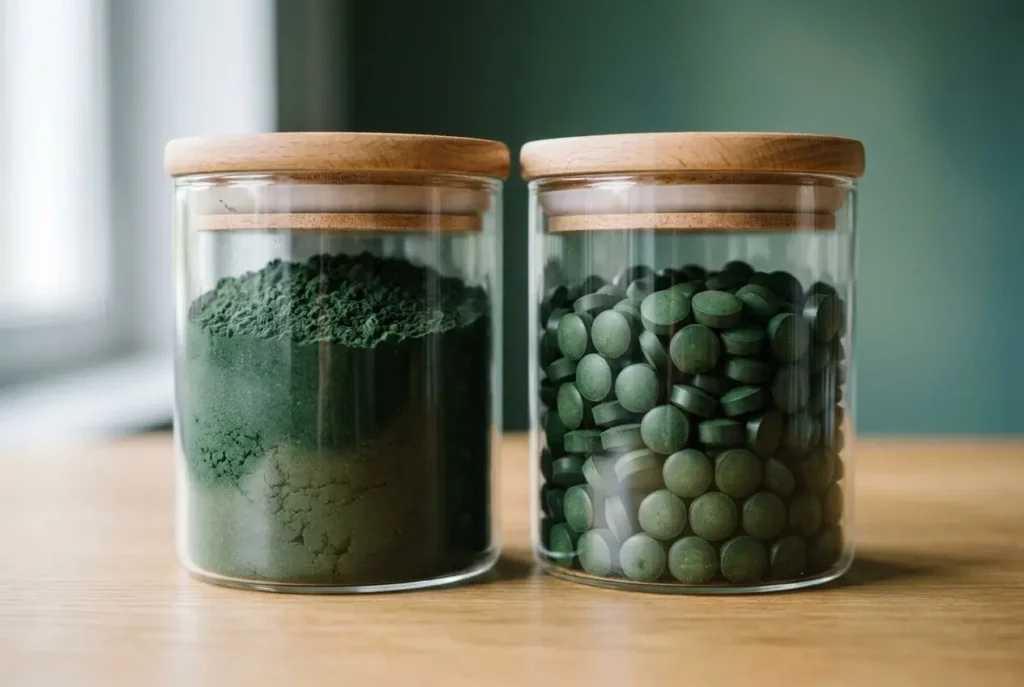 Spiruline en pharmacie : deux bocaux en verre avec poudre verte et comprimés verts, référence à la spiruline protéine pharmacie.