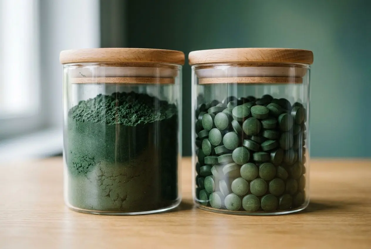 Spiruline en pharmacie : deux bocaux en verre avec poudre verte et comprimés verts, référence à la spiruline protéine pharmacie.