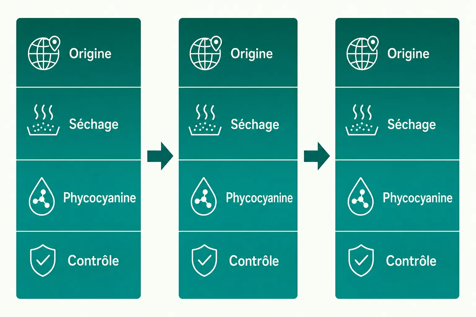 Spiruline protéine pharmacie : pictogrammes Origine, Séchage, Phycocyanine et Contrôle en trois étapes de traçabilité.