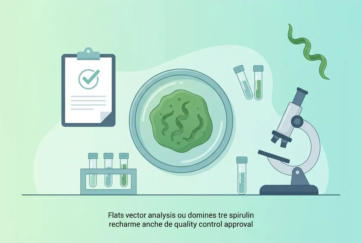 Spiruline vertige : laboratoire avec platine et microscope, flacons et tubes en arrière-plan.