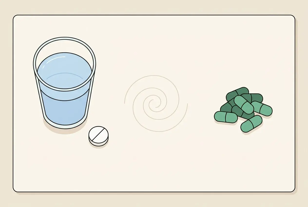 Verre d'eau, comprimé et gélules de spiruline sur fond clair, illustration simple. Spiruline effets secondaires thyroïde.